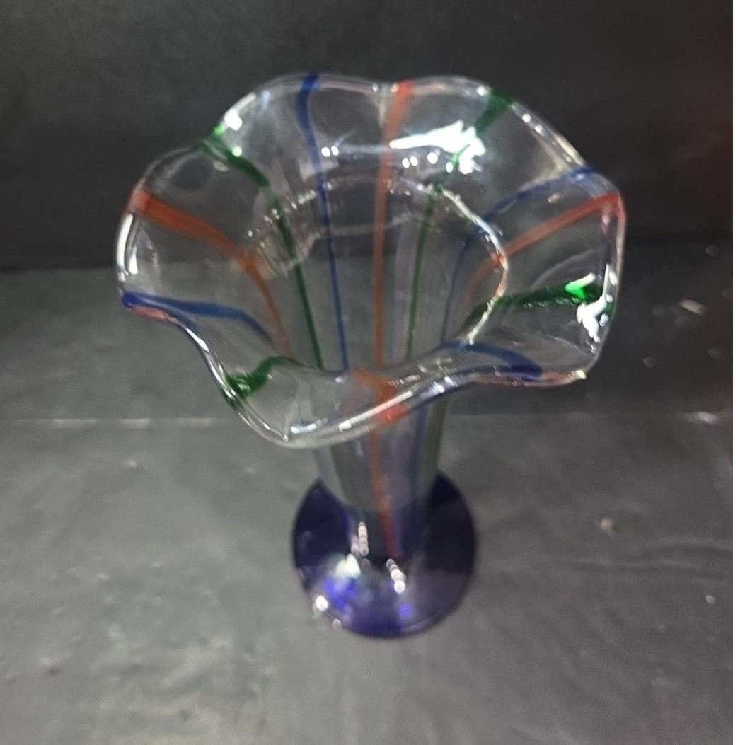 Hand Blown Fluted Art Glass Vase, Vtg Multicolored Flower Holder, Mantel Decor - Thumbnail 6