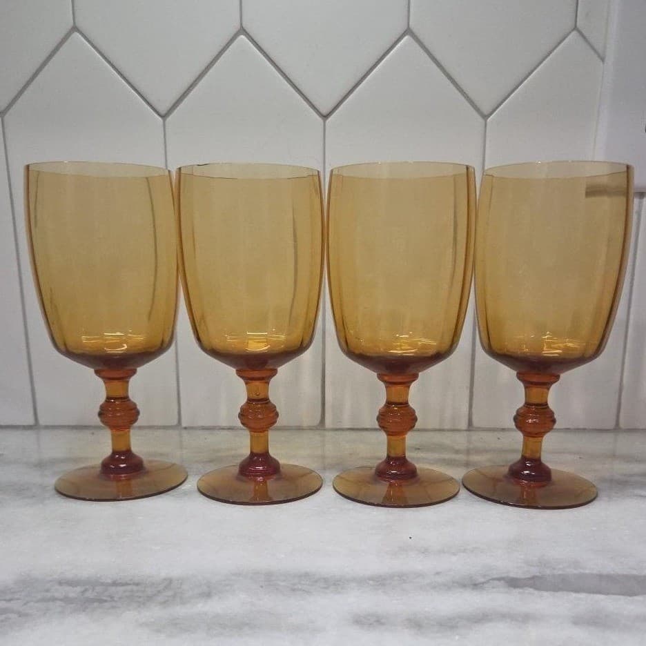 Amber Ribbed Optic Wine Glasses, Set of 4, Vtg Stemware, Replacement Drinkware - Thumbnail 4