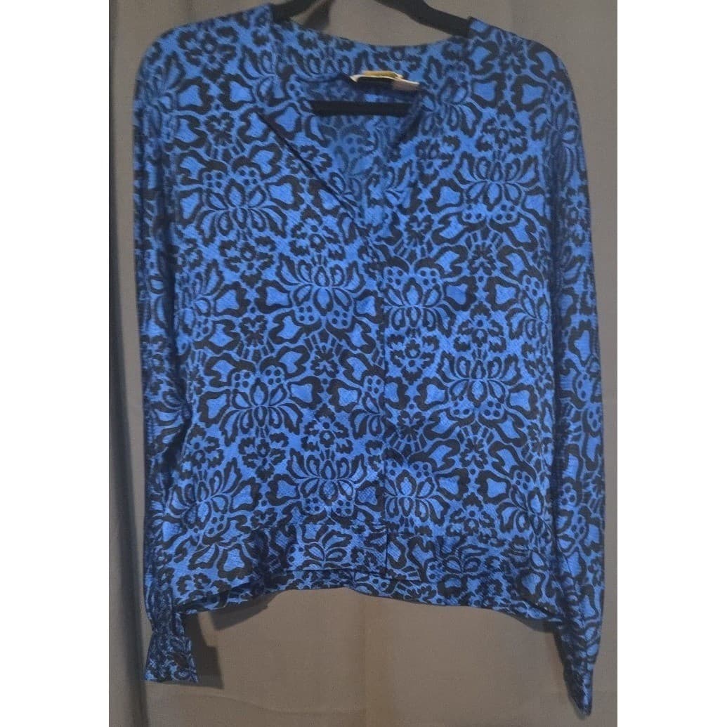 Anne Klein II Blue Floral Blouse, Vintage Woman's Size 8, Classic Silk Shirt - Thumbnail 3