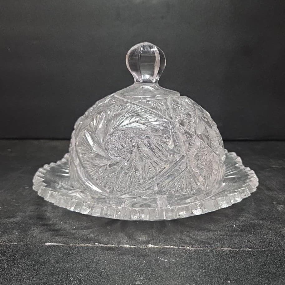 EAPG Cambridge Glass Co. Butter Dish, Vintage Buzz Saw Pattern, Cheese Plate - Thumbnail 3