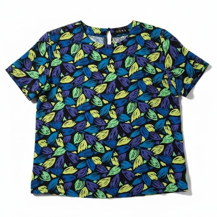 Anna and Frank Silk Short Sleeve Blouse, Woman's Small, Abstract Leaf Black Blue