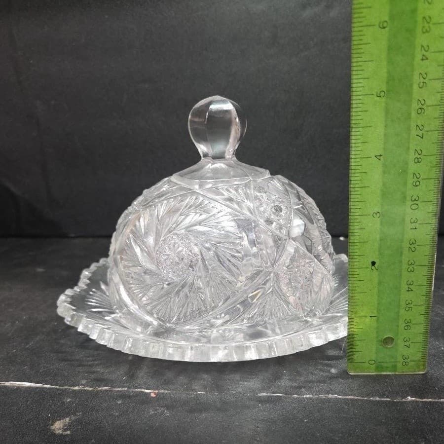 EAPG Cambridge Glass Co. Butter Dish, Vintage Buzz Saw Pattern, Cheese Plate - Thumbnail 10