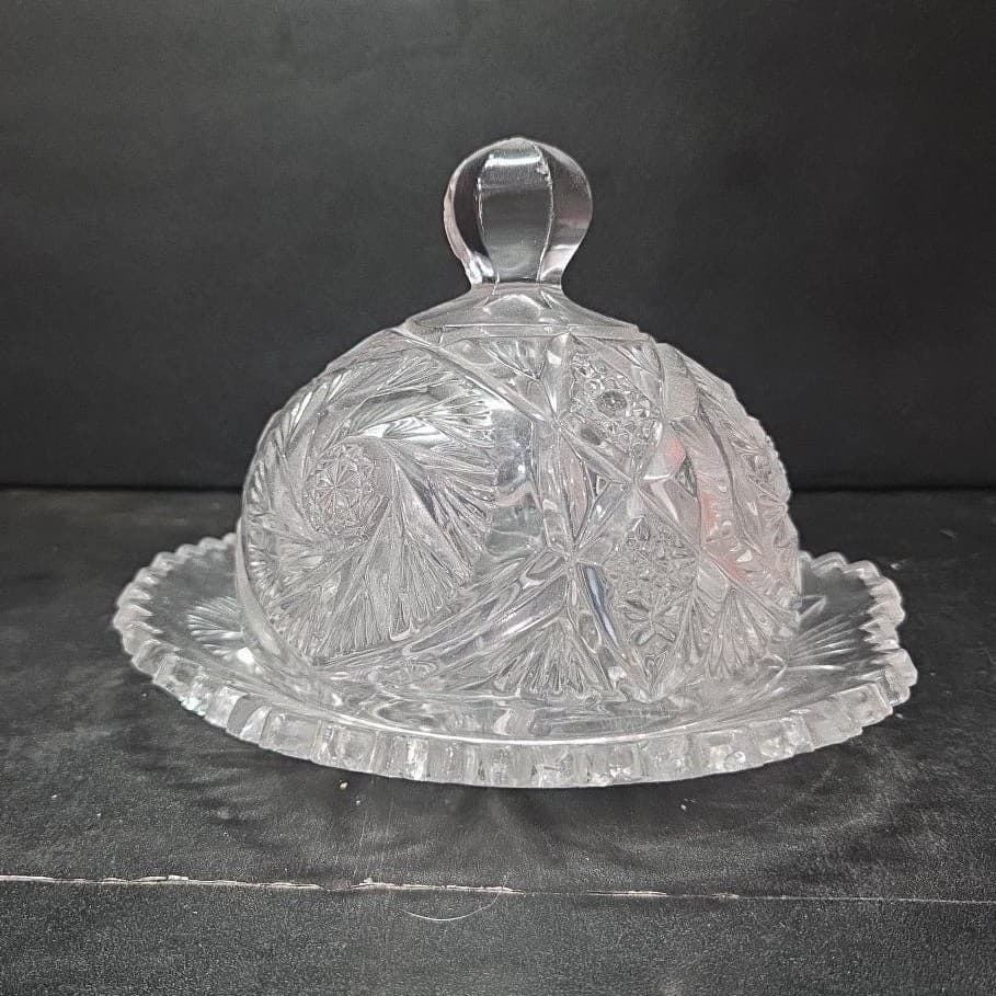 EAPG Cambridge Glass Co. Butter Dish, Vintage Buzz Saw Pattern, Cheese Plate - Thumbnail 4