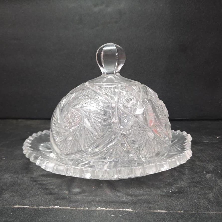 EAPG Cambridge Glass Co. Butter Dish, Vintage Buzz Saw Pattern, Cheese Plate - Thumbnail 5