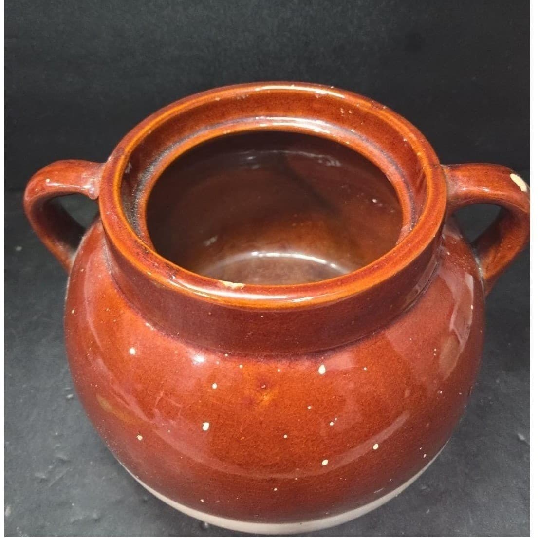 Boston Style Double Handled Bean Pot, Vintage Tan Brown Pottery, Kitchenware - Thumbnail 6