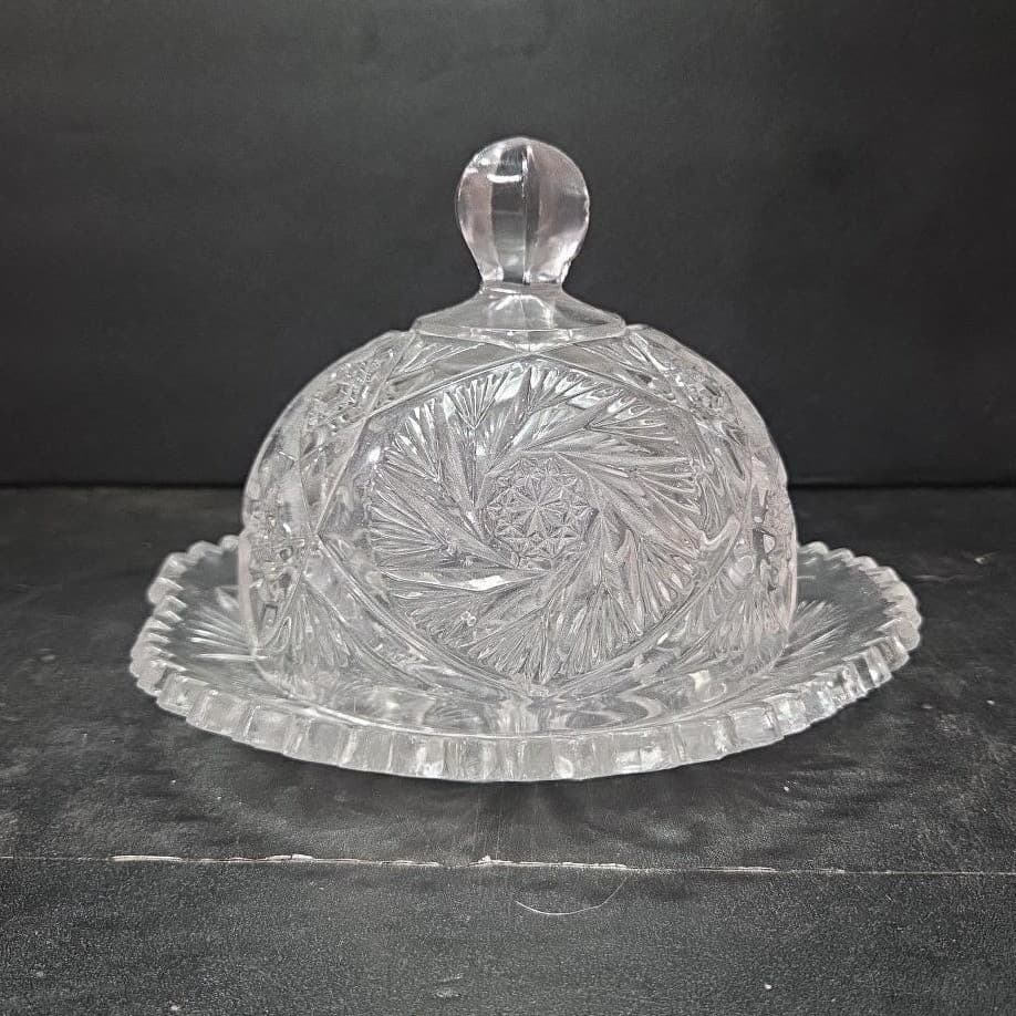 EAPG Cambridge Glass Co. Butter Dish, Vintage Buzz Saw Pattern, Cheese Plate - Thumbnail 2