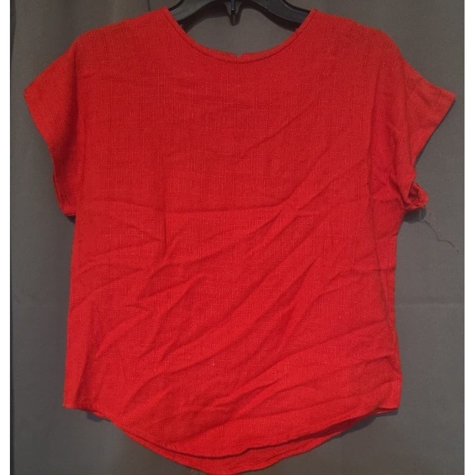 Danielle B Red Textured Rayon Flax Blend Short Sleeve Blouse, Women's Medium - Thumbnail 2