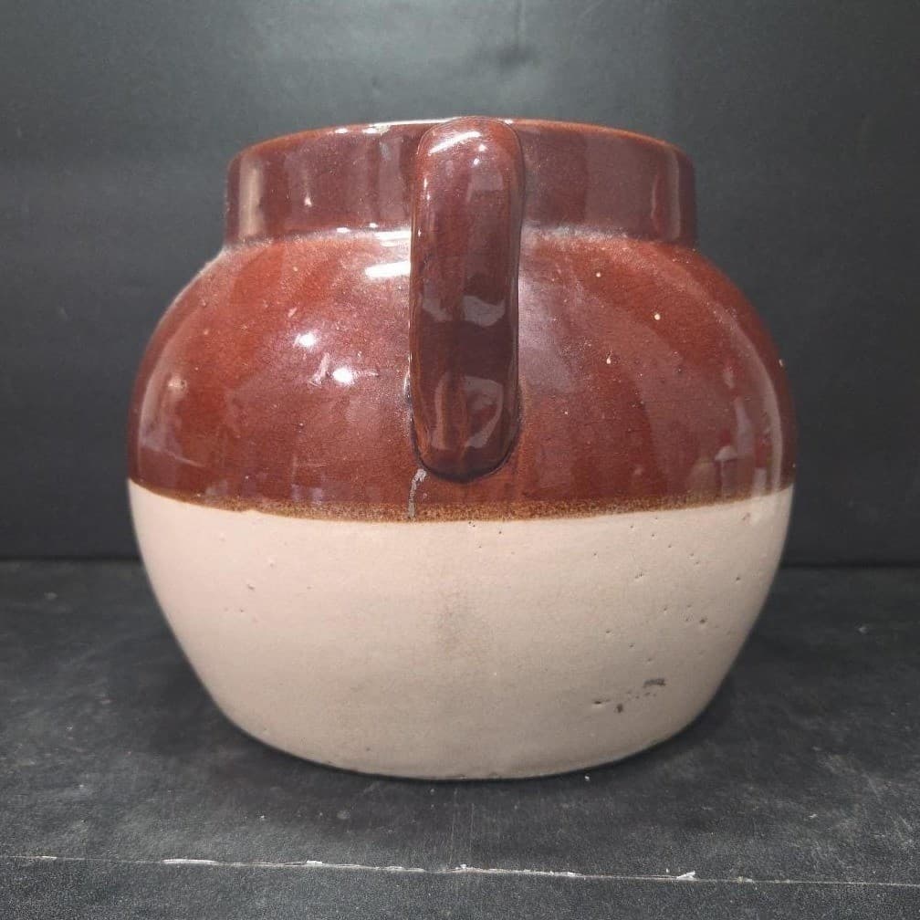 Boston Style Double Handled Bean Pot, Vintage Tan Brown Pottery, Kitchenware - Thumbnail 3