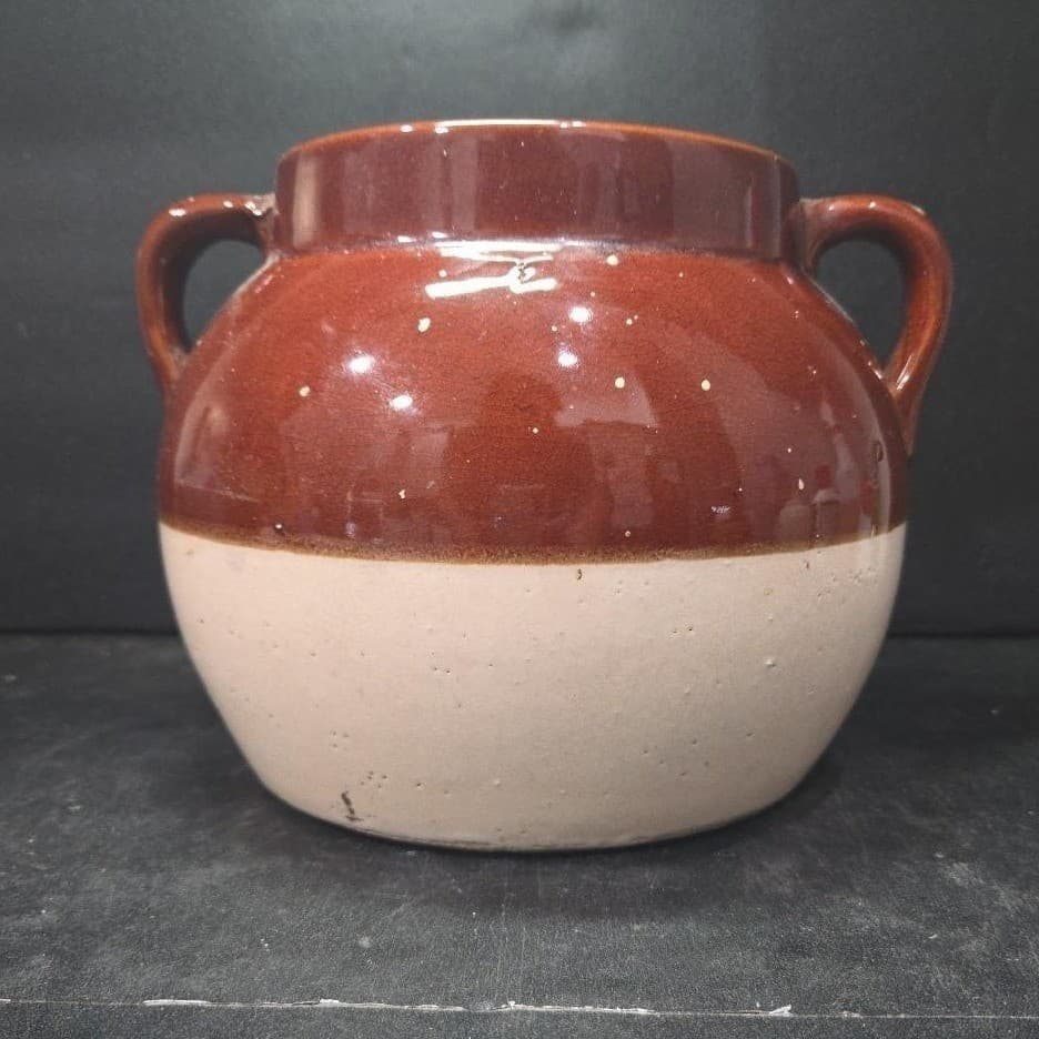 Boston Style Double Handled Bean Pot, Vintage Tan Brown Pottery, Kitchenware - Thumbnail 2