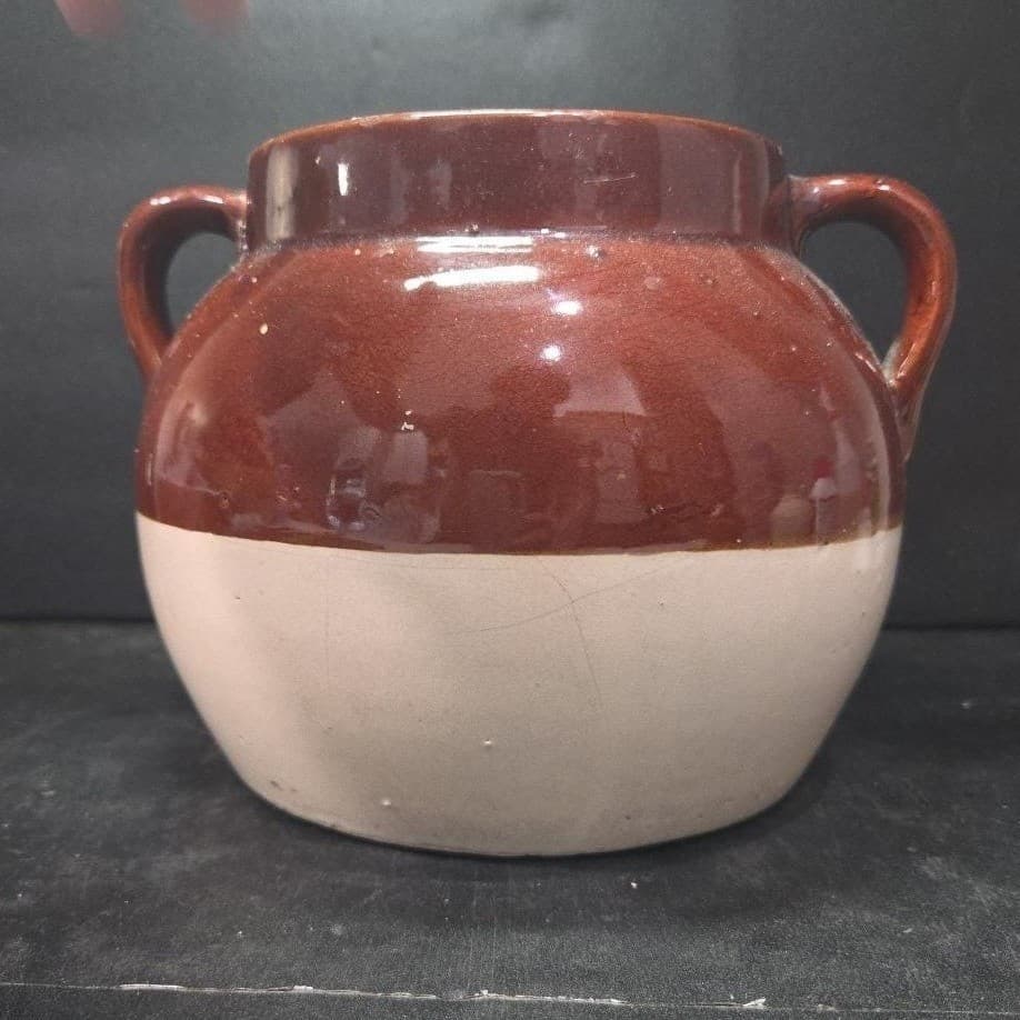 Boston Style Double Handled Bean Pot, Vintage Tan Brown Pottery, Kitchenware - Thumbnail 4