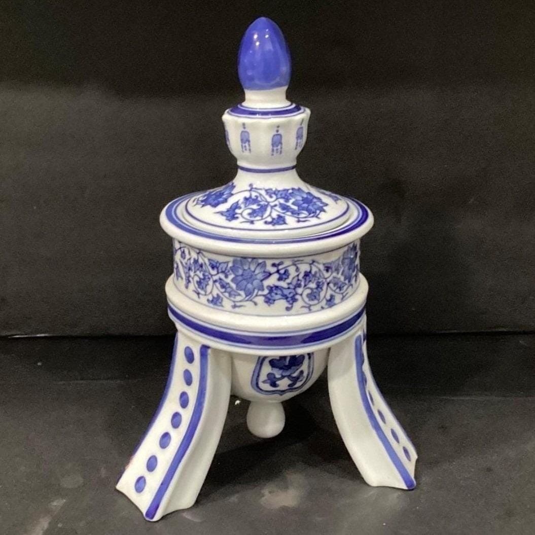 Bombay Company Blue & White Temple Urn, Vintage 3-Footed Porcelain Jar Canister - Thumbnail 7