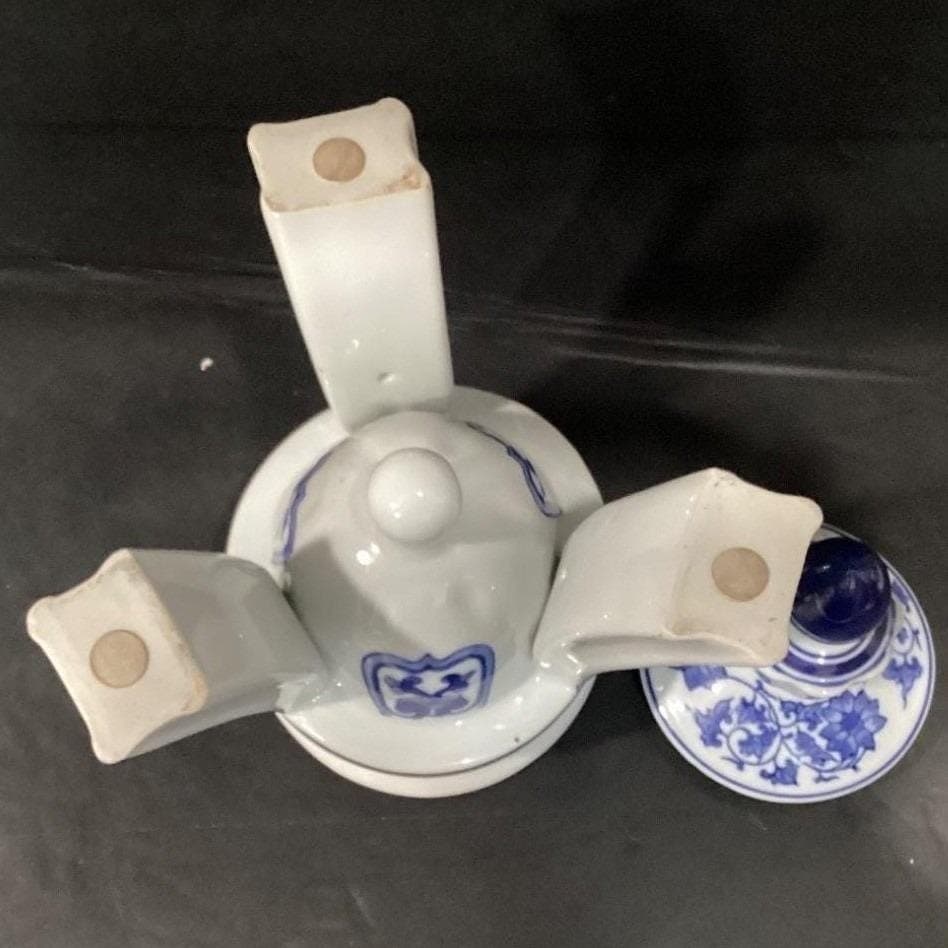 Bombay Company Blue & White Temple Urn, Vintage 3-Footed Porcelain Jar Canister - Thumbnail 4