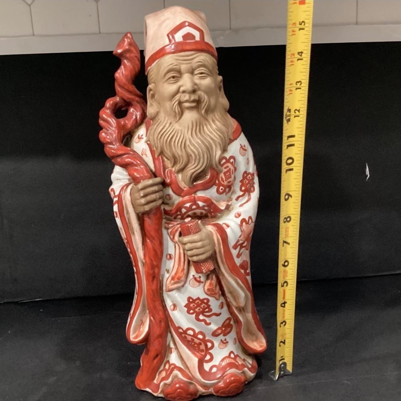 Chinese Porcelain Fu Lu Shou ORANGE Iron RED White God of Longevity Vintage - Thumbnail 2