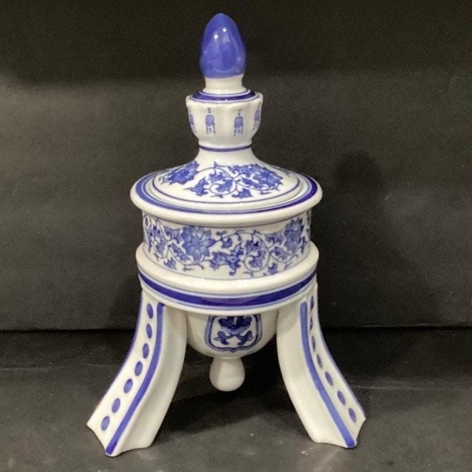 Bombay Company Blue & White Temple Urn, Vintage 3-Footed Porcelain Jar Canister - Thumbnail 8