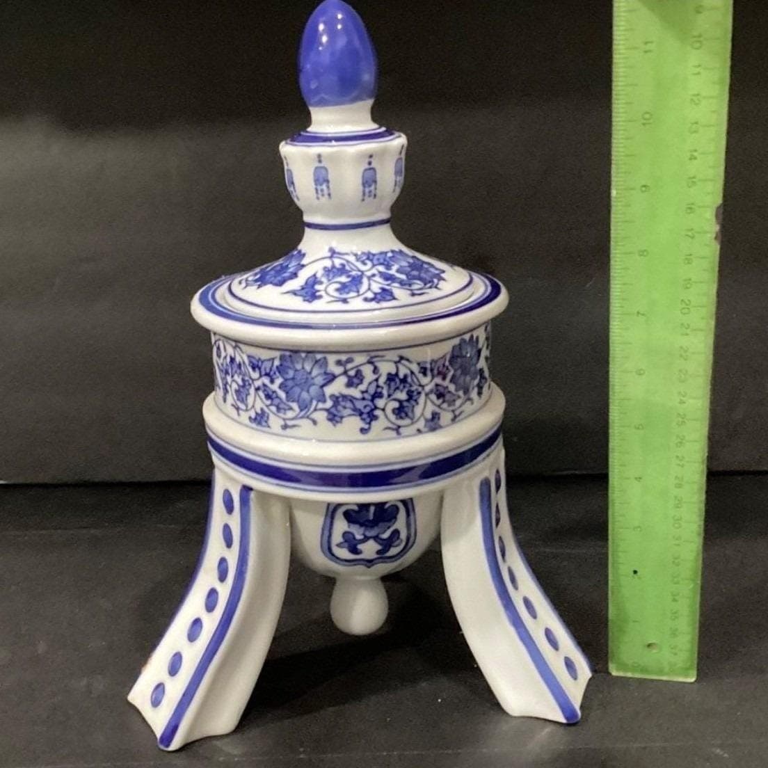 Bombay Company Blue & White Temple Urn, Vintage 3-Footed Porcelain Jar Canister - Thumbnail 2