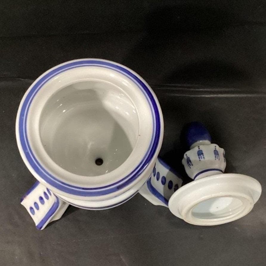 Bombay Company Blue & White Temple Urn, Vintage 3-Footed Porcelain Jar Canister - Thumbnail 5
