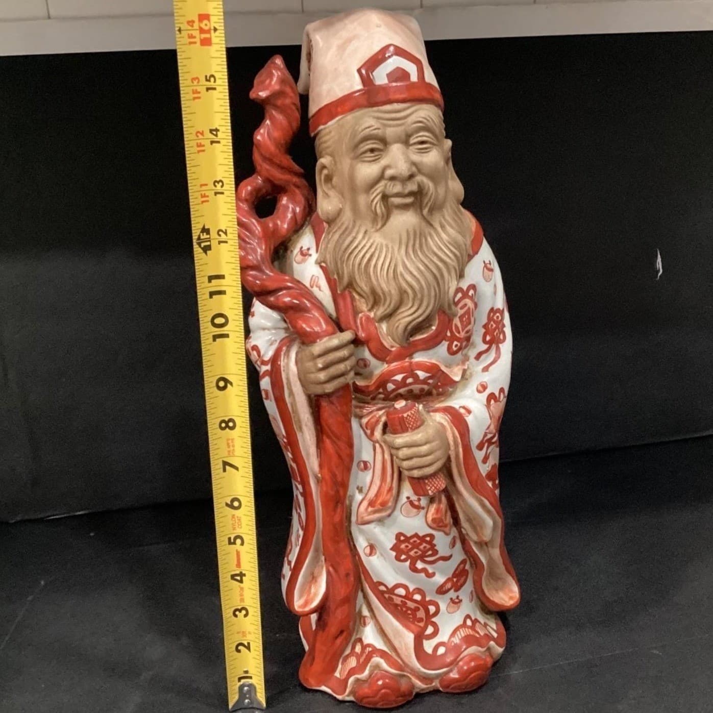 Chinese Porcelain Fu Lu Shou ORANGE Iron RED White God of Longevity Vintage - Thumbnail 3