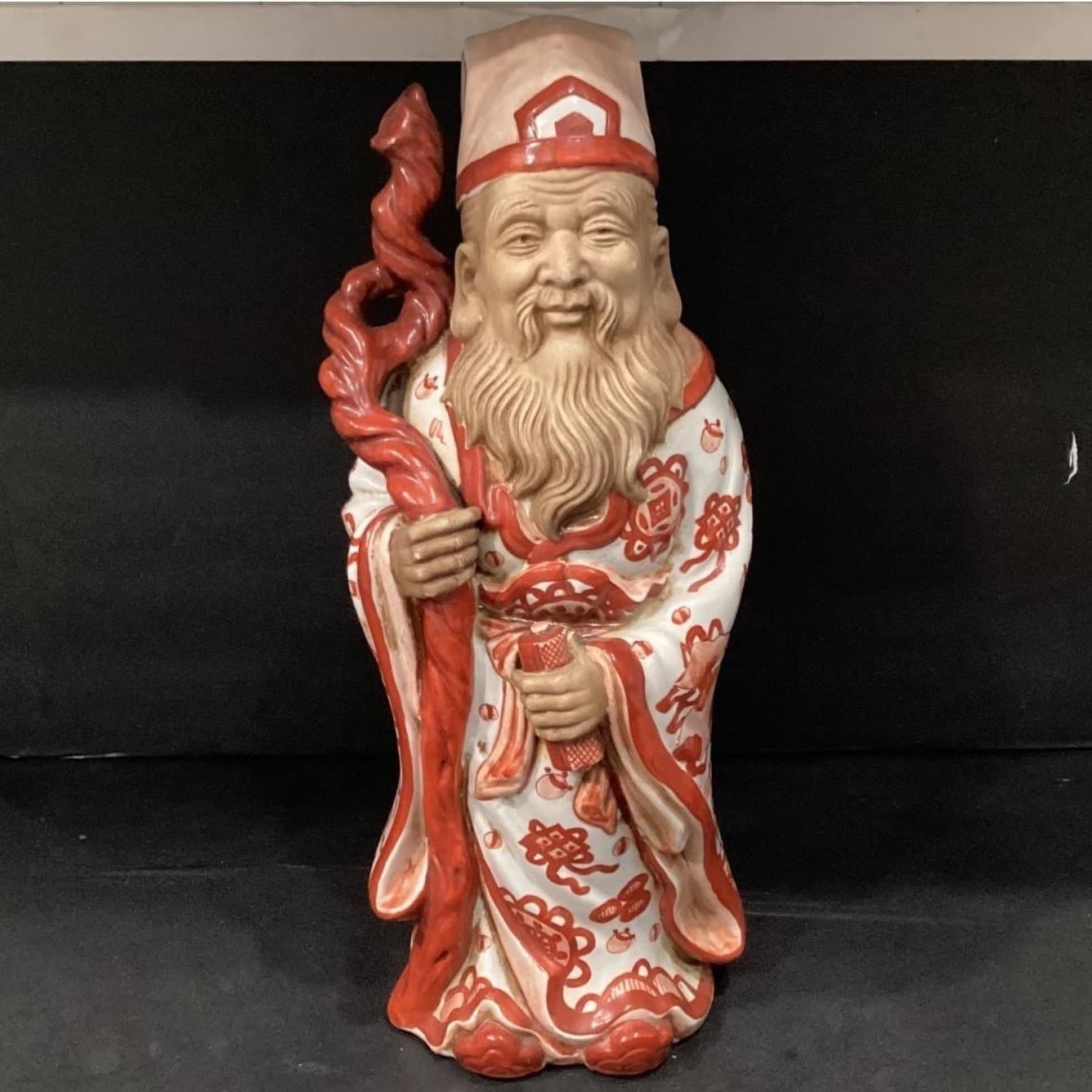 Chinese Porcelain Fu Lu Shou ORANGE Iron RED White God of Longevity Vintage - Thumbnail 6