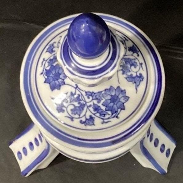 Bombay Company Blue & White Temple Urn, Vintage 3-Footed Porcelain Jar Canister - Thumbnail 6