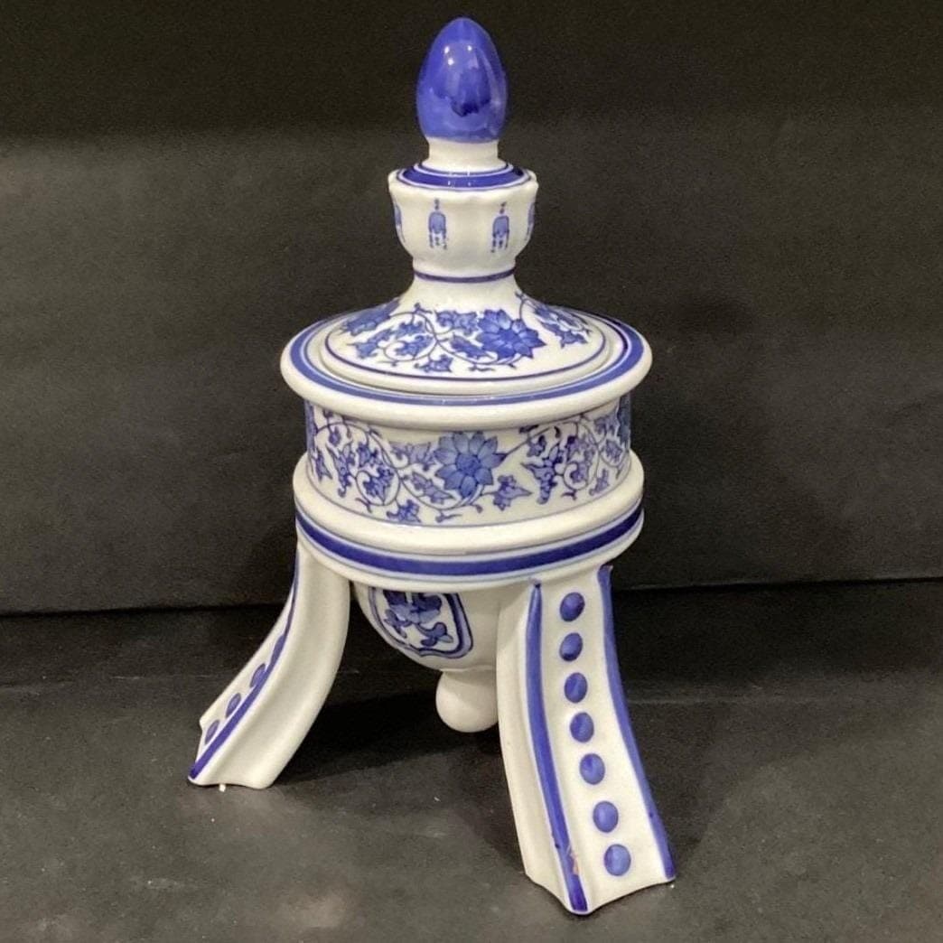 Bombay Company Blue & White Temple Urn, Vintage 3-Footed Porcelain Jar Canister - Thumbnail 9