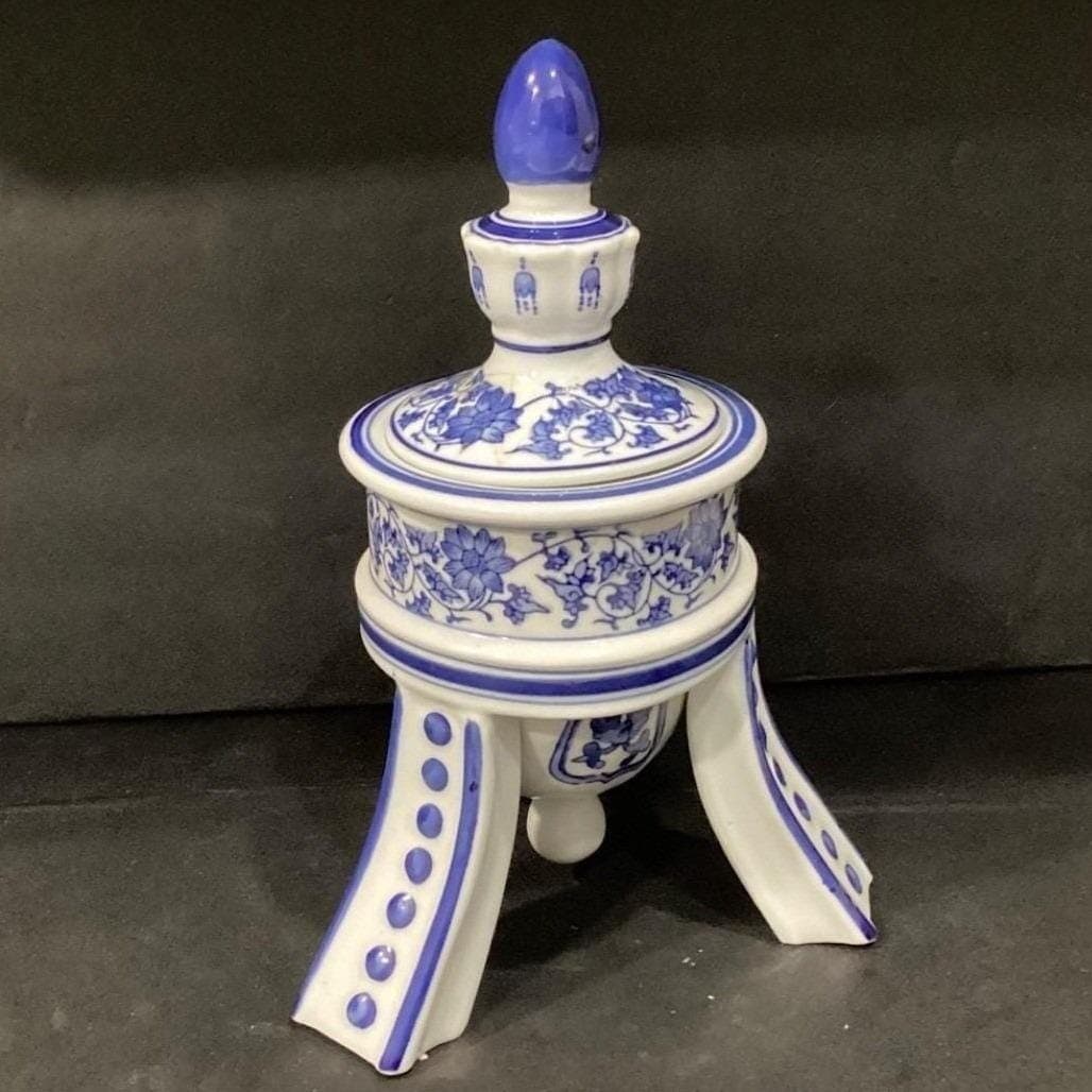 Bombay Company Blue & White Temple Urn, Vintage 3-Footed Porcelain Jar Canister - Thumbnail 10
