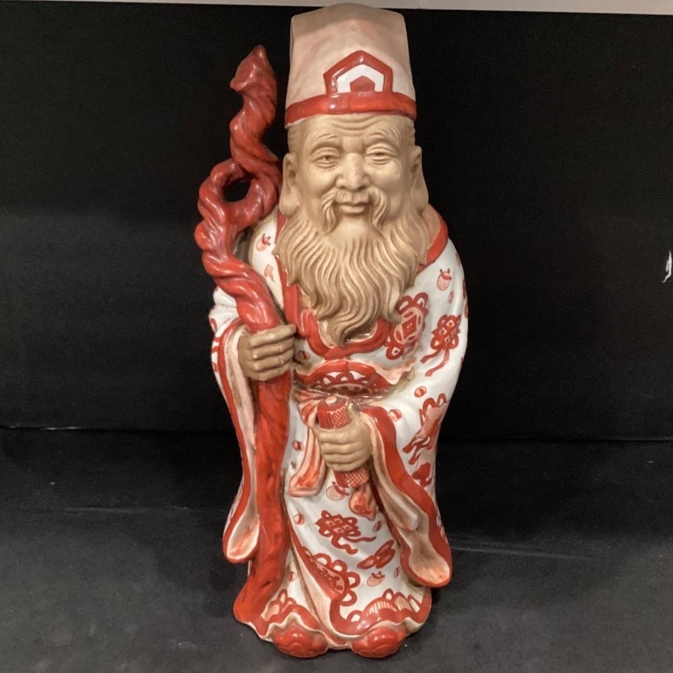 Chinese Porcelain Fu Lu Shou ORANGE Iron RED White God of Longevity Vintage - Thumbnail 7