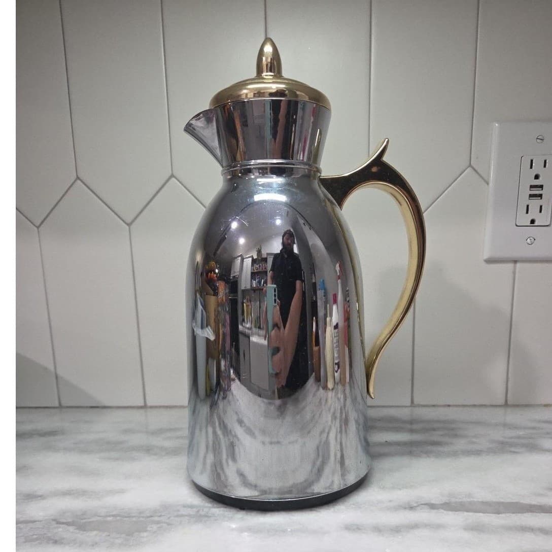 Thermal 1qt Plastic Coffee Pot, Vintage Insulated Silver Carafe, Kitchenware - Thumbnail 2