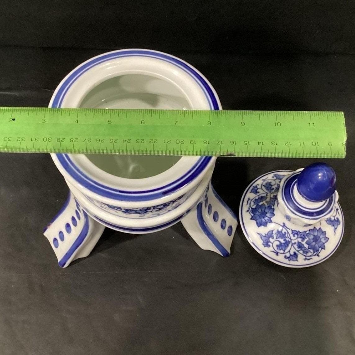 Bombay Company Blue & White Temple Urn, Vintage 3-Footed Porcelain Jar Canister - Thumbnail 3