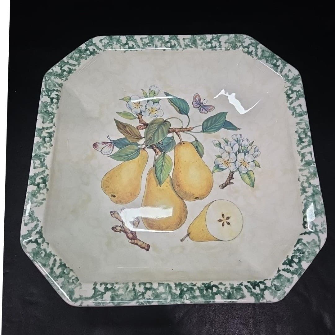 Himark Italy Ceramic Pear Serving Bowl, Vintage Square Dish, Butterfly & Fruit - Thumbnail 2