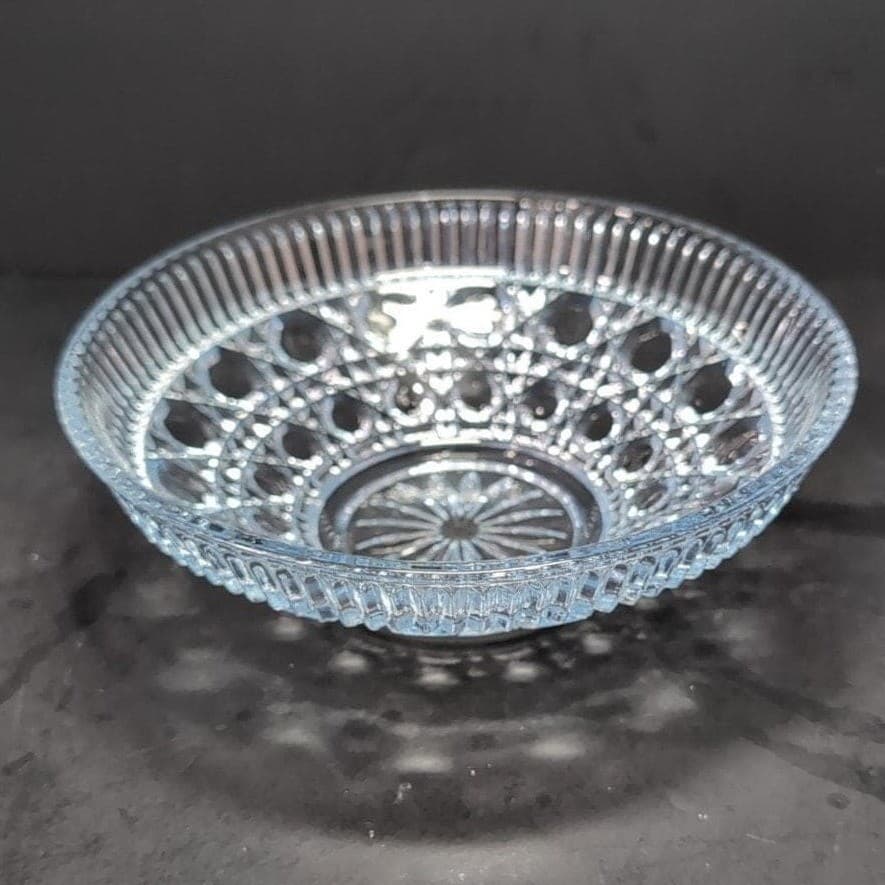Federal Glass Buttons and Cane Blue Candy Dish, Vintage Starburst Centerpiece - Thumbnail 2
