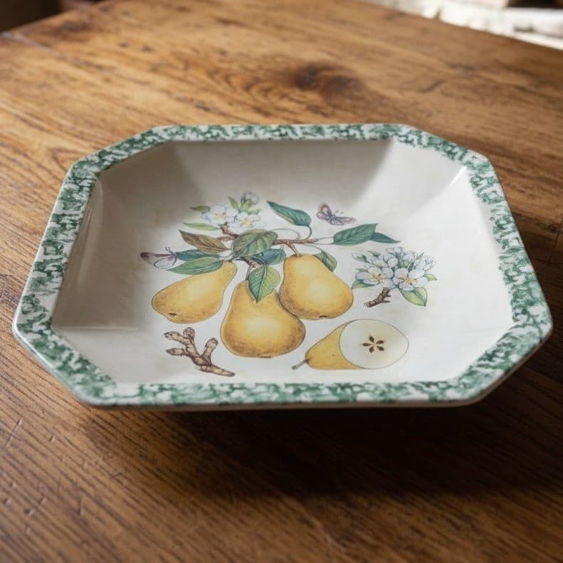 Himark Italy Ceramic Pear Serving Bowl, Vintage Square Dish, Butterfly & Fruit