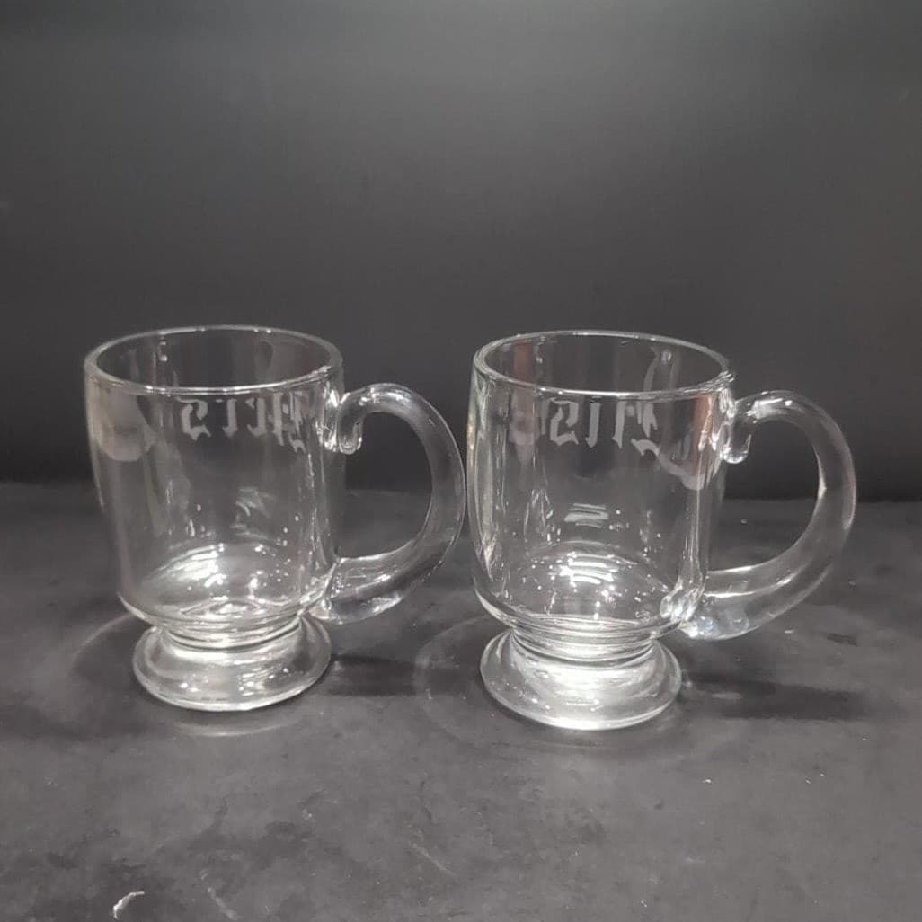 His & Hers Pedestal Cups, Etched Glass Mugs, Couples Coffee, Set of 2, Drinkware - Thumbnail 4