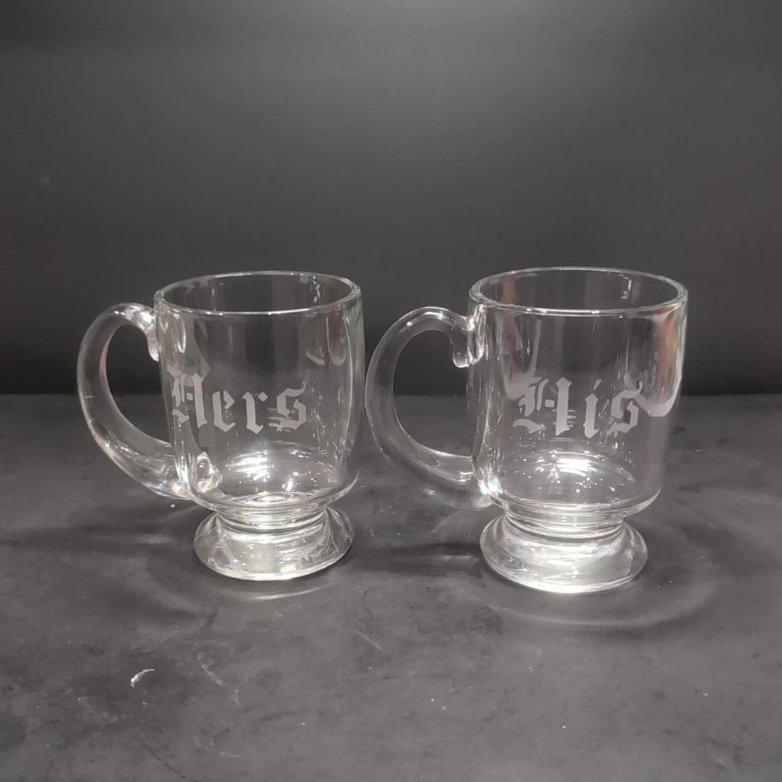 His & Hers Pedestal Cups, Etched Glass Mugs, Couples Coffee, Set of 2, Drinkware - Thumbnail 2