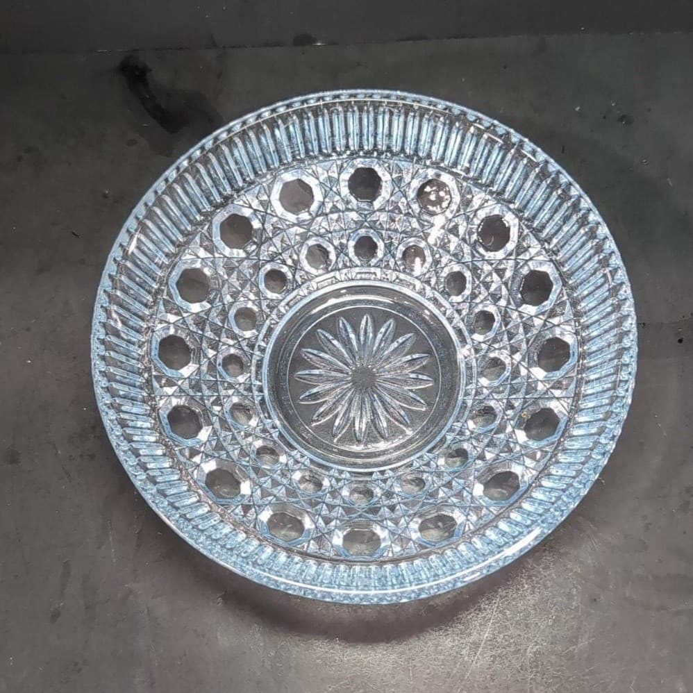 Federal Glass Buttons and Cane Blue Candy Dish, Vintage Starburst Centerpiece - Thumbnail 4