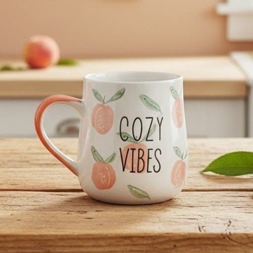 Taimei Teatime "Cozy Vibes" Coffee Cup, Ceramic Peach Themed Mug, Drinkware