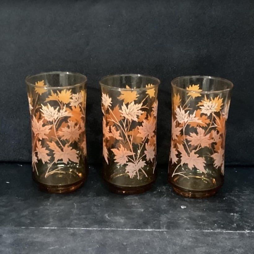Libbey Autumn Leaves Tumblers, Set of 3, Vintage Amber Glasses, Drinkware - Thumbnail 9