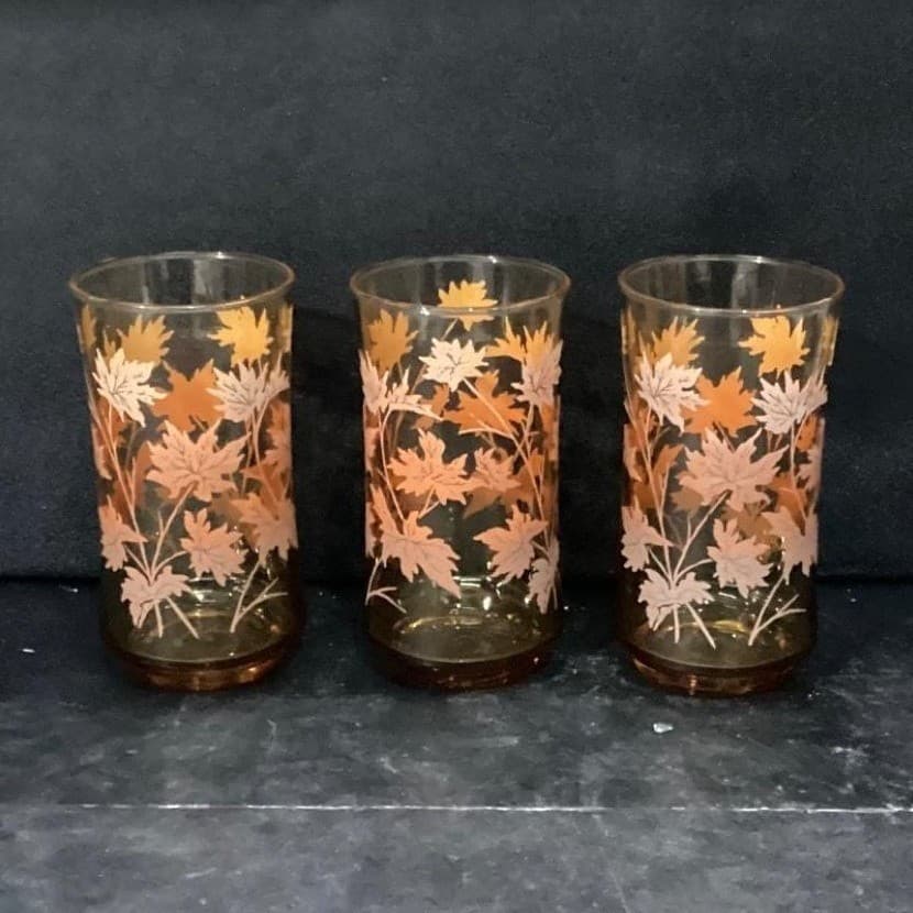 Libbey Autumn Leaves Tumblers, Set of 3, Vintage Amber Glasses, Drinkware - Thumbnail 10
