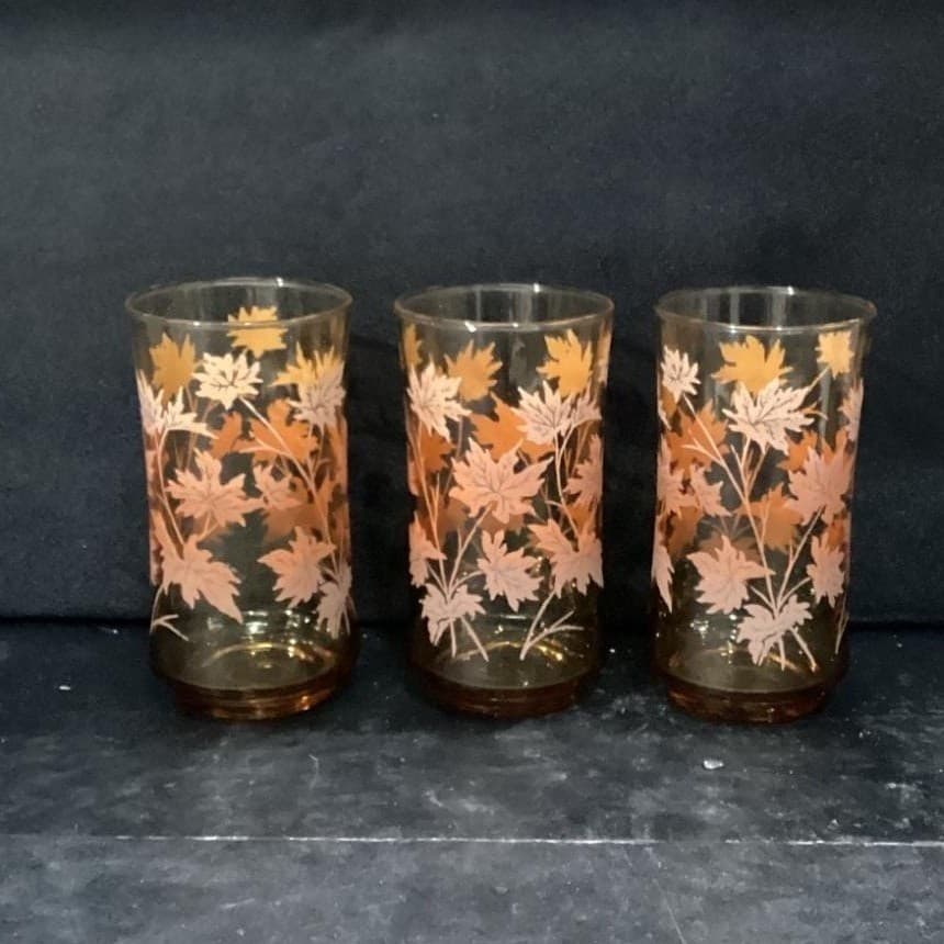 Libbey Autumn Leaves Tumblers, Set of 3, Vintage Amber Glasses, Drinkware - Thumbnail 8