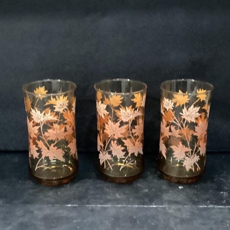 Libbey Autumn Leaves Tumblers, Set of 3, Vintage Amber Glasses, Drinkware - Thumbnail 2