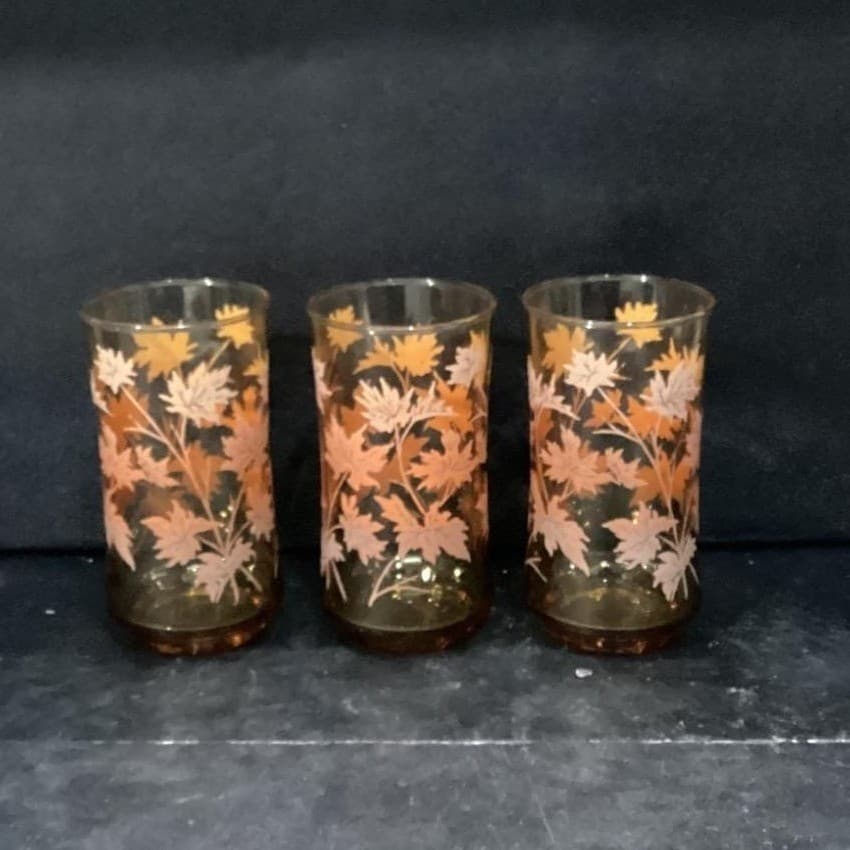 Libbey Autumn Leaves Tumblers, Set of 3, Vintage Amber Glasses, Drinkware - Thumbnail 11