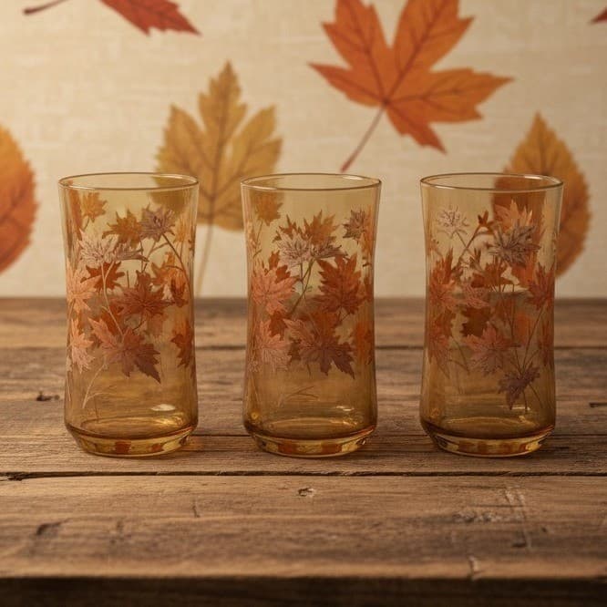 Libbey Autumn Leaves Tumblers, Set of 3, Vintage Amber Glasses, Drinkware