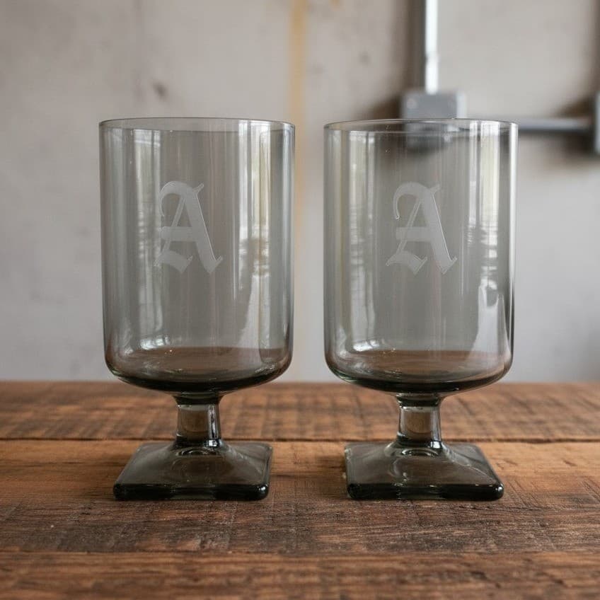 Federal Glass Nordic Midnight Juice Glasses, Set of 2, Square Base, "A" Monogram