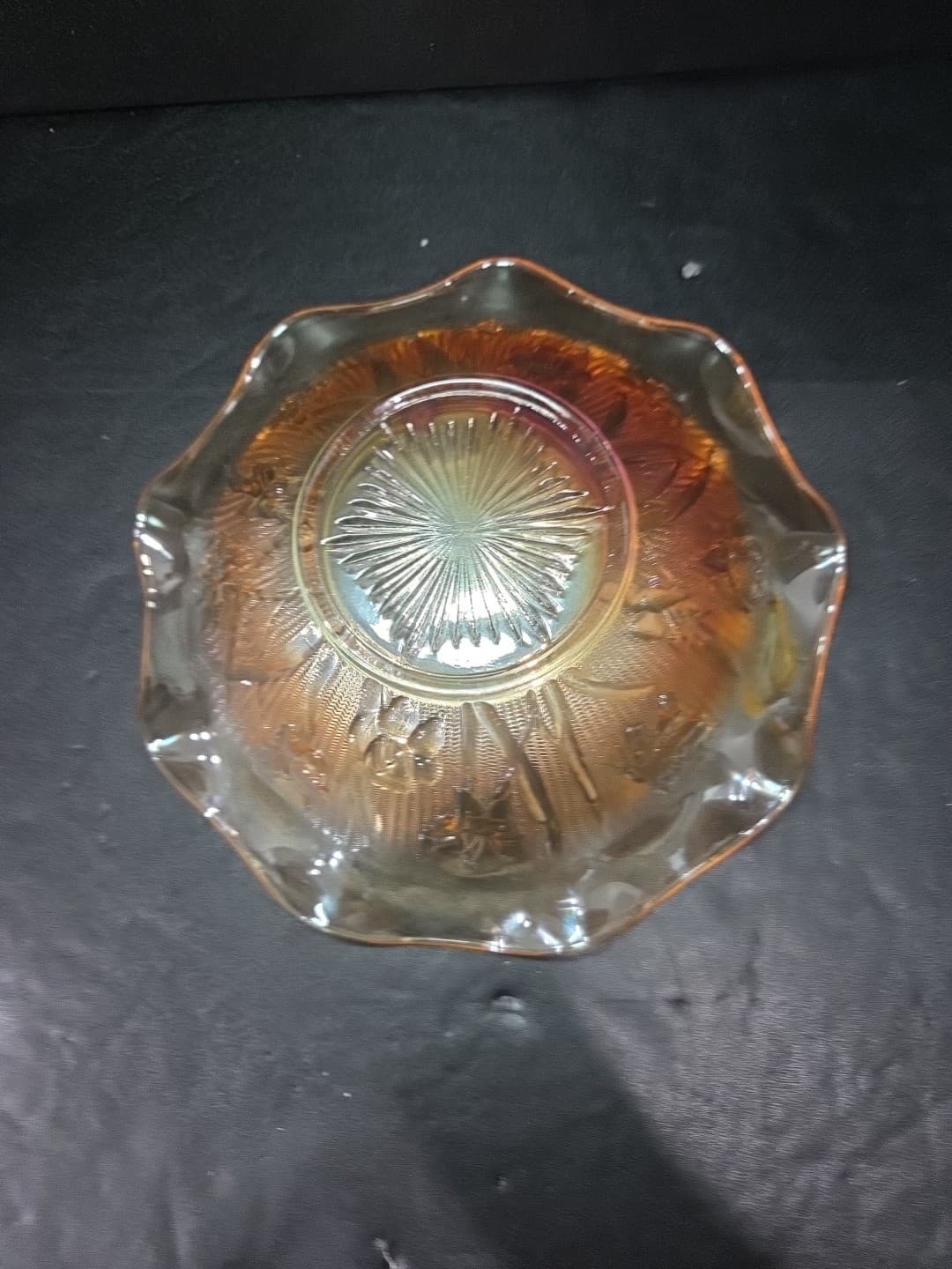 Jeanette Iris and Herringbone Bowl, Marigold Carnival Glass, 9.5" D Ruffled Bowl - Thumbnail 3