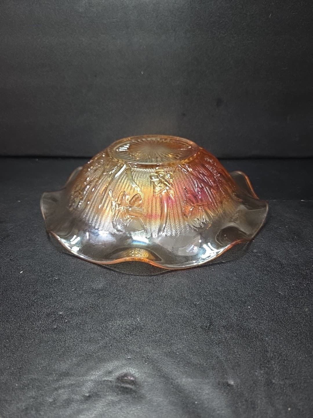 Jeanette Iris and Herringbone Bowl, Marigold Carnival Glass, 9.5" D Ruffled Bowl - Thumbnail 7