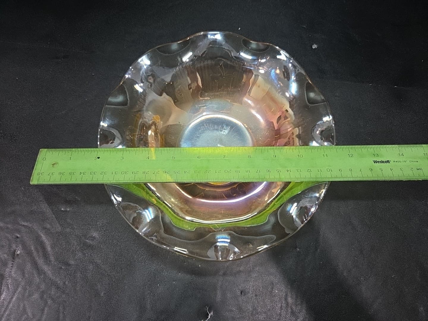 Jeanette Iris and Herringbone Bowl, Marigold Carnival Glass, 9.5" D Ruffled Bowl - Thumbnail 4