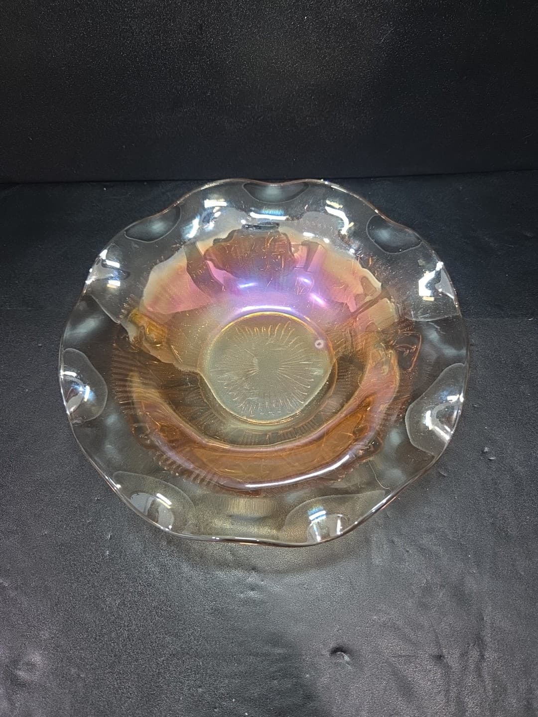 Jeanette Iris and Herringbone Bowl, Marigold Carnival Glass, 9.5" D Ruffled Bowl - Thumbnail 2