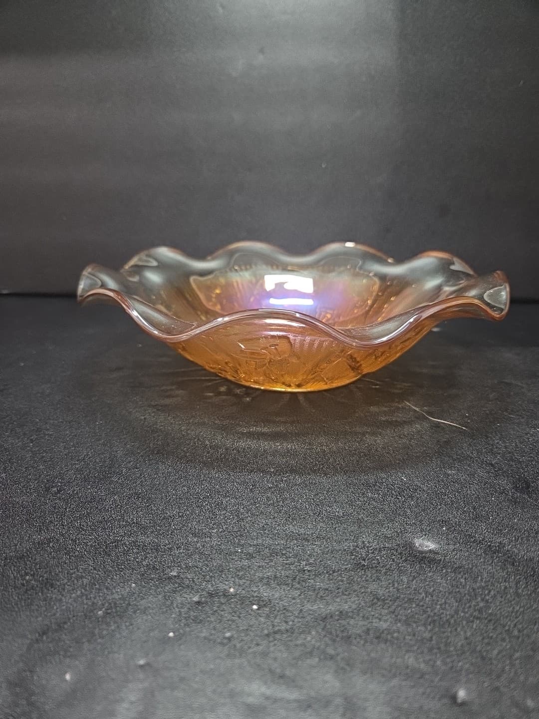 Jeanette Iris and Herringbone Bowl, Marigold Carnival Glass, 9.5" D Ruffled Bowl
