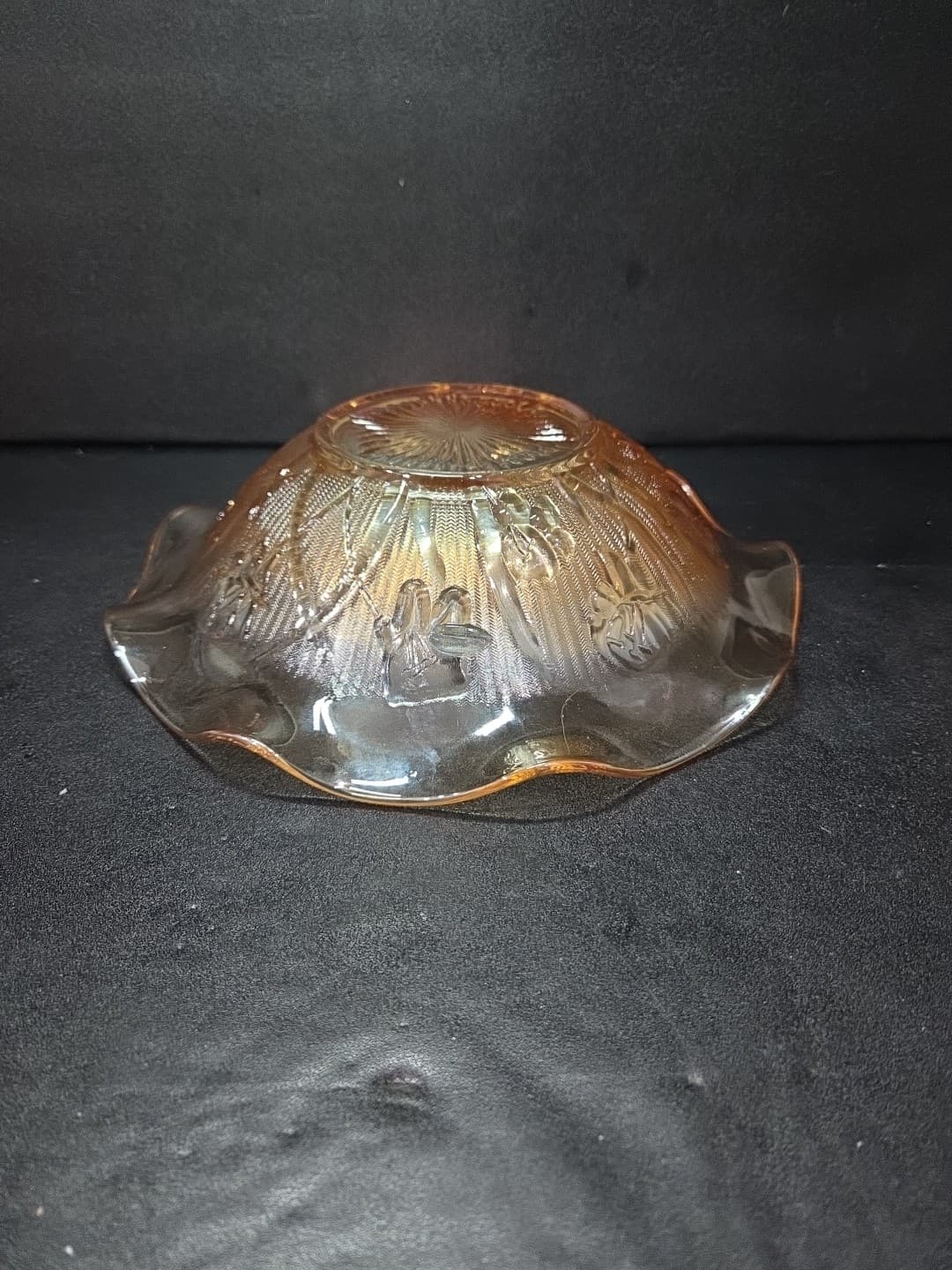 Jeanette Iris and Herringbone Bowl, Marigold Carnival Glass, 9.5" D Ruffled Bowl - Thumbnail 6