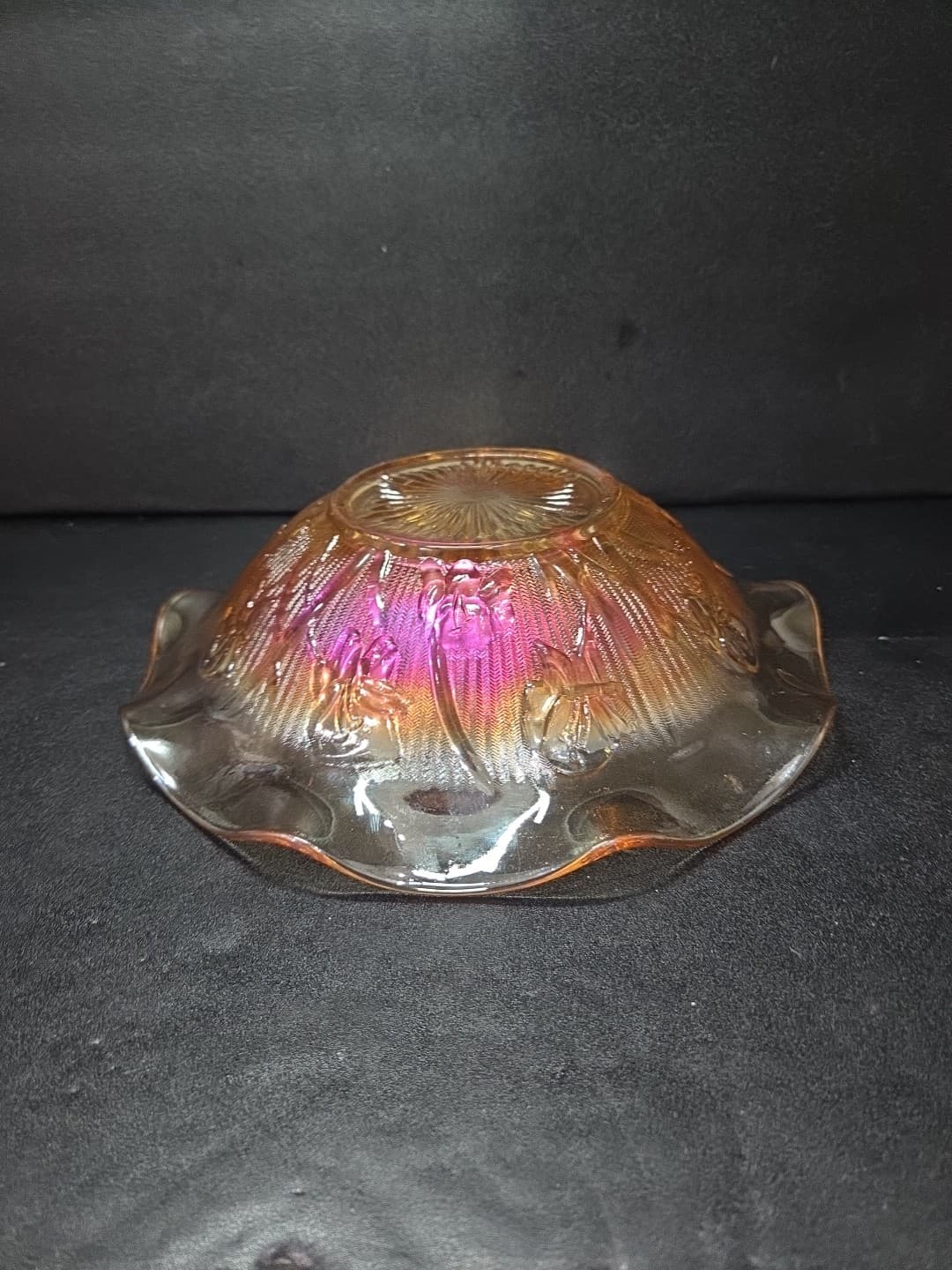 Jeanette Iris and Herringbone Bowl, Marigold Carnival Glass, 9.5" D Ruffled Bowl - Thumbnail 8