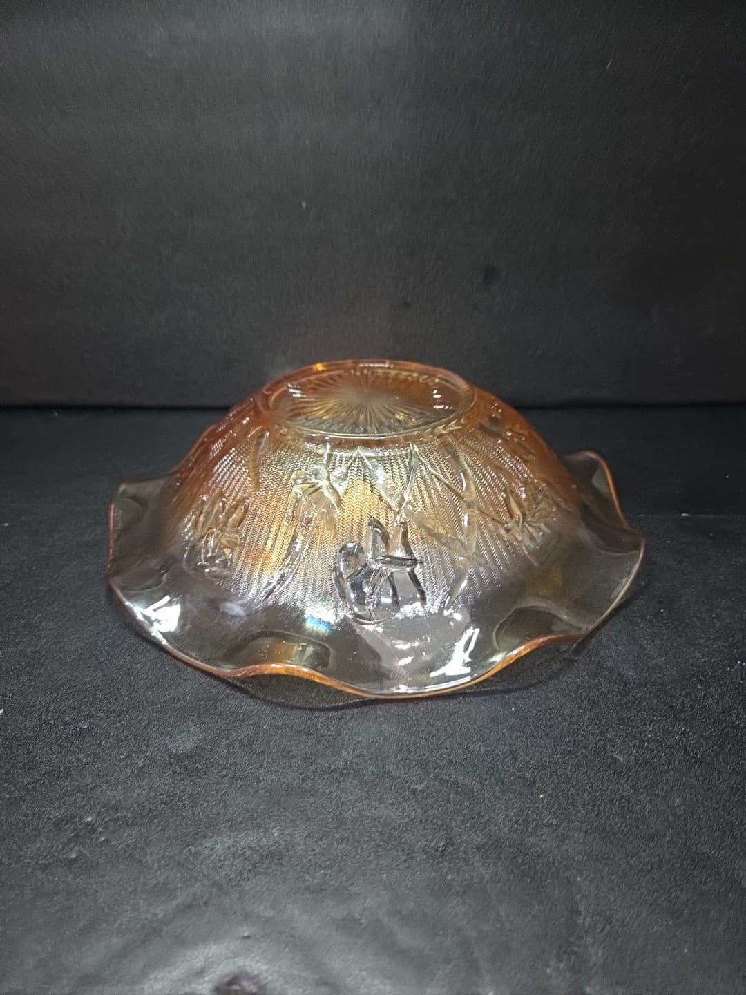 Jeanette Iris and Herringbone Bowl, Marigold Carnival Glass, 9.5" D Ruffled Bowl - Thumbnail 9